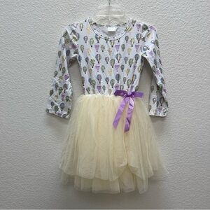 Hot Air Balloon Girls Dress Tulle Mesh Size 7 8 Purple Gold Cream Long Sleeves